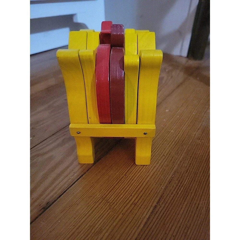 Vtg Tulip Apple Wooden Coaster Set Holder Yellow Red Country Farmhouse Butterfly